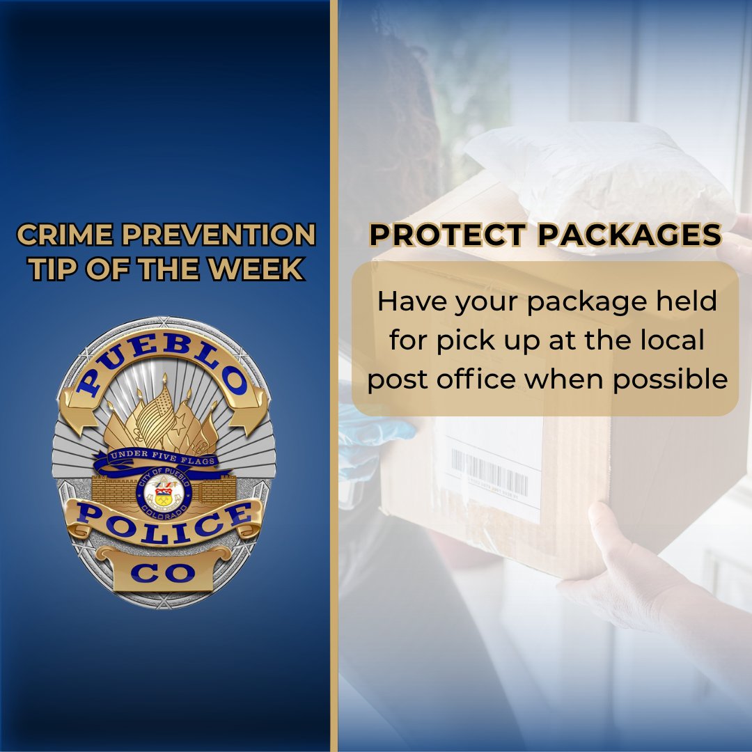 PuebloPolice1's tweet image. 🔒 Crime Prevention Tip 🔒
Choose delivery to your local post office for secure package pickup! Avoid missed deliveries & theft.
#PreventionIsProtection #CrimePreventionTip #PackageTheft