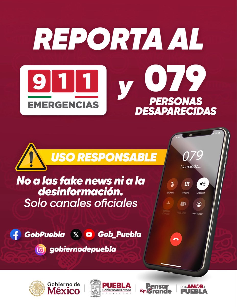 📞 Usa bien los números que salvan vidas

Ante cualquier emergencia, el 911 está para ayudarte.

Y si necesitas reportar a una persona desaparecida, marca al 079.
Cada llamada responsable puede hacer la diferencia.
#PensarEnGrande #PorAmorAPuebla