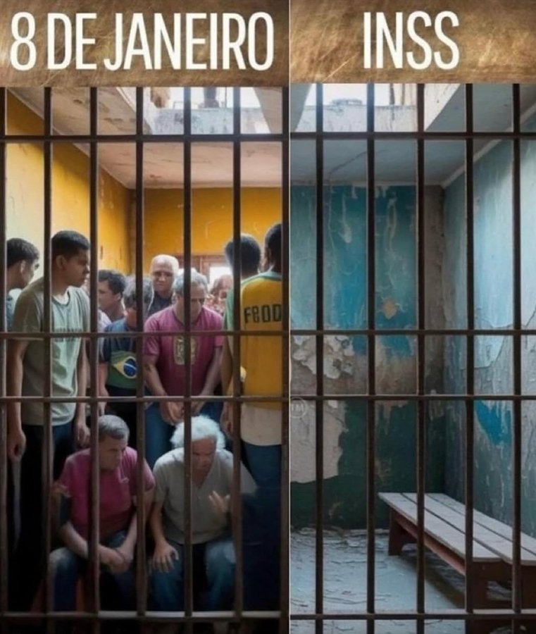 Left side depicts a crowded yellow prison cell with metal bars and high window, containing multiple men in casual attire including t-shirts, one with Brazilian flag, another with Frodo text, standing or sitting. Right side shows an empty blue prison cell with metal bars, wooden bench, and plain walls.