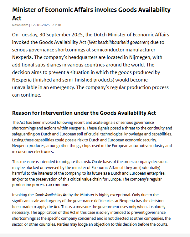 NEW: Statement now from the Dutch ministry of economic affairs

Confirms good availability act has been invoked  "following recent and acute signals of serious governance shortcomings and actions within Nexperia which posed a threat to... Dutch and European economic security"