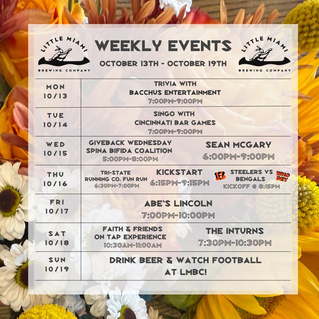 It's going to be a beautiful fall week — spend it enjoying fun activities, live music, and football at Little Miami Brewing Company! 🍂🎃

📚 Join us for general knowledge trivia with Bacchus Entertainment Cincinnati 
🎤 Bust out your favorite tunes at Singo with Cincinnati Bar