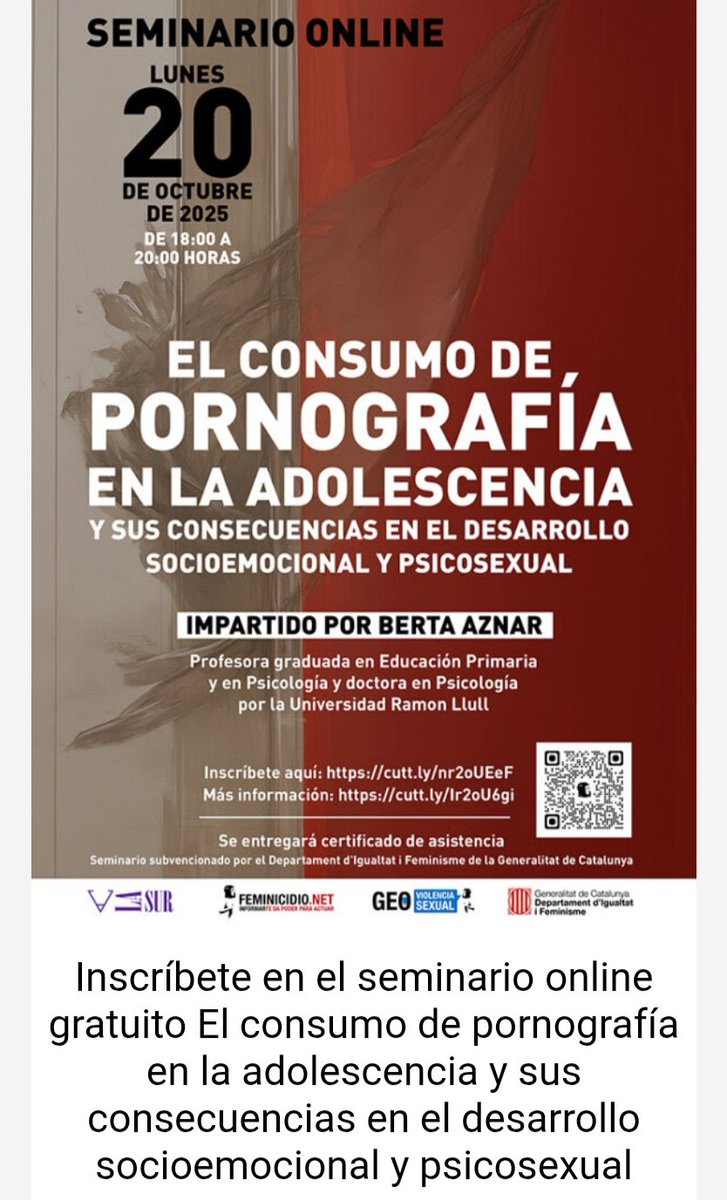 Women's News (@womennewsvzla) on Twitter photo Seminario: El consumo de la pornografía en la adolescencia".
📆20/10/ 2025.
⌚18 a 20 horas hora de España peninsular.
🧑🏫Dra. Berta Aznar, doctora en Psicología, codirectora del Máster en Violencia Sexual en la Universidad Ramon Llull
Por <a href="/feminicidio/">Feminicidio·net</a>
us06web.zoom.us/webinar/regist… Seminario: El consumo de la pornografía en la adolescencia".
📆20/10/ 2025.
⌚18 a 20 horas hora de España peninsular.
🧑🏫Dra. Berta Aznar, doctora en Psicología, codirectora del Máster en Violencia Sexual en la Universidad Ramon Llull
Por <a href="/feminicidio/">Feminicidio·net</a>
us06web.zoom.us/webinar/regist…