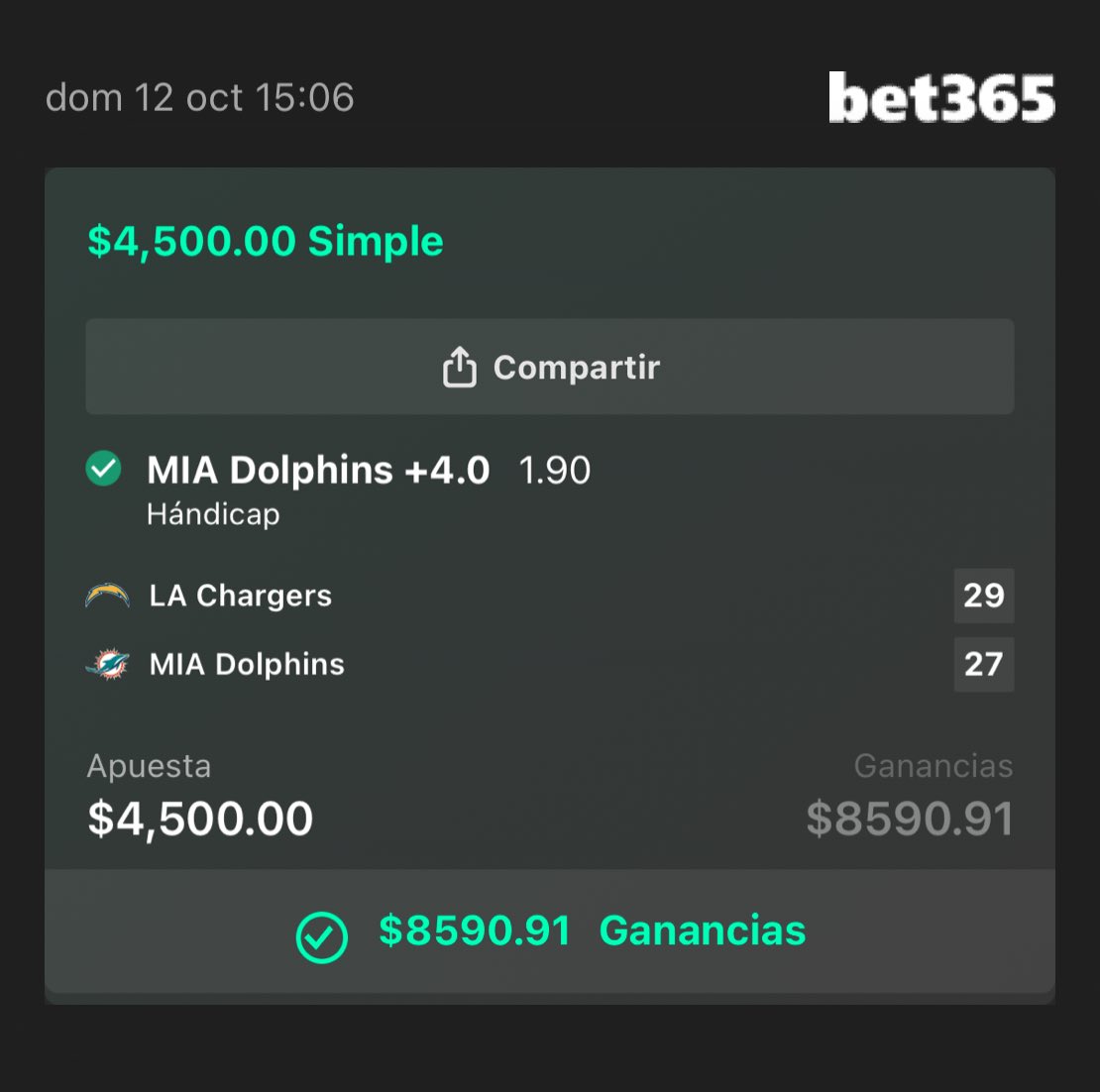 MarcBets1's tweet photo. Β‘A cobrar! πΈ
β
Dolphins +4 se valida y sumamos otra W al proyecto π
A lo que sigue π«‘
#NFL #SportsBetting #Apuestas #FreePick #SharpBetting #ApuestasDeportivas #WinningPick #Handicap #ApuestaGanadora https://t.co/naSFaBosC9