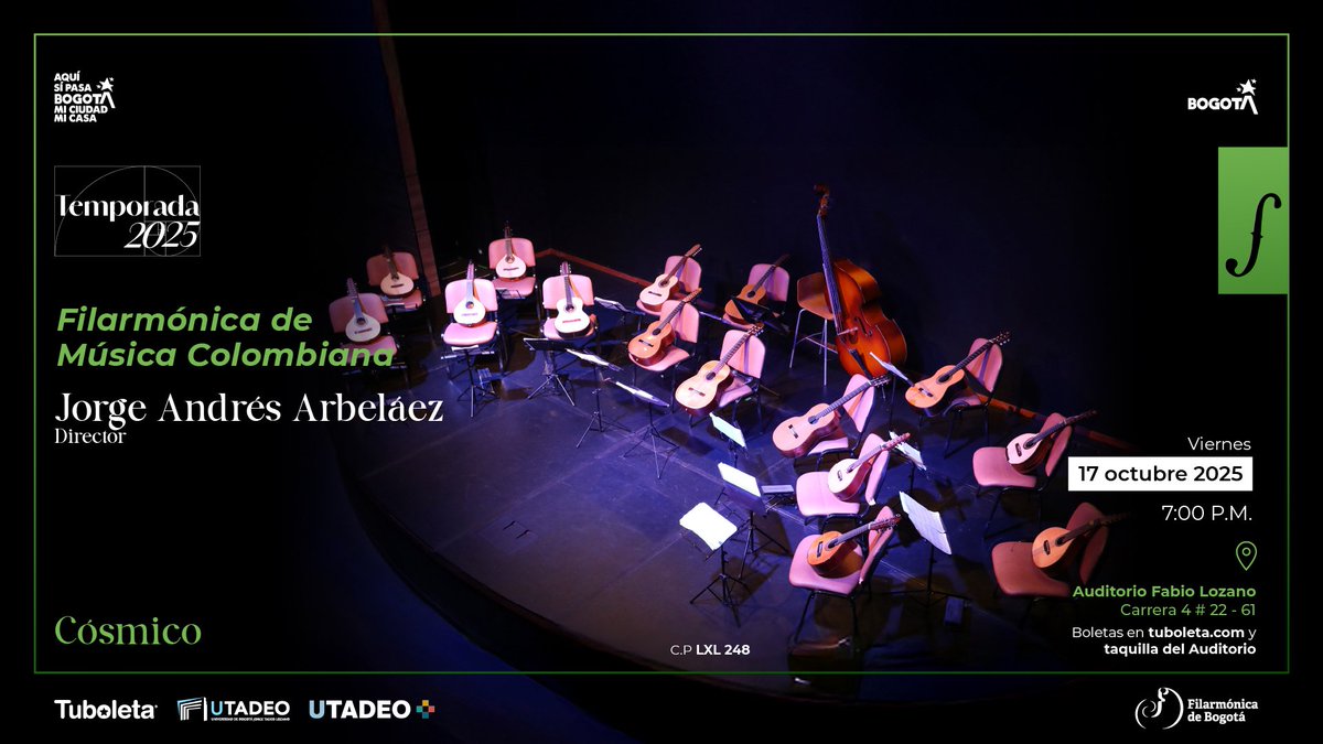 Las interpretaciones de la #FilarmónicaDeMúsicaColombiana de <a href="/filarmonibogota/">Orquesta Filarmónica de Bogotá</a> son de otro planeta.

#Cósmico, viernes 17 de octubre
7:00p.m.
Auditorio Fabio Lozano <a href="/Utadeo_edu_co/">Utadeo</a>

Adquiere tus entradas: tuboleta.com/es/eventos/fes…

Imagen: <a href="/filarmonibogota/">Orquesta Filarmónica de Bogotá</a>