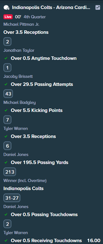 Sooo damn close. I was all about the Colts killing it today and came up 2 catches short from <a href="/MikePitt_Jr/">MPJ</a> but no worries love seeing a Colts Dub! Way to get the win boys!