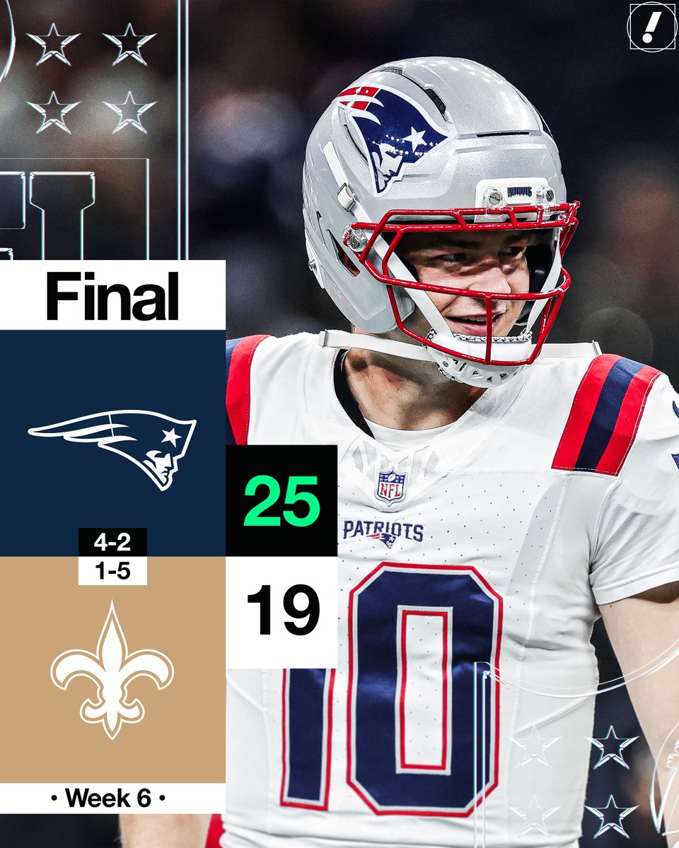 YahooSports's tweet image. DRAKE MAYE&apos;S 3 TDs LEAD THE PATRIOTS PAST THE SAINTS 😤 

New England is now 4-2 for the first time in SIX seasons 🤯