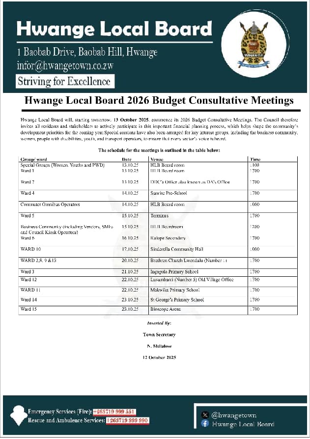 Hwange Local Board (@hwangetown) on Twitter photo Hwange Local Board will tomorrow, 13 October 2025, commence its 2026 Budget Consultative Meetings.Residents and stakeholders are encouraged to take part and share their views as we plan for next year’s service delivery priorities. Your input shapes a better Hwange! <a href="/UcazOfficial/">Urban Councils Association of Zimbabwe</a> Hwange Local Board will tomorrow, 13 October 2025, commence its 2026 Budget Consultative Meetings.Residents and stakeholders are encouraged to take part and share their views as we plan for next year’s service delivery priorities. Your input shapes a better Hwange! <a href="/UcazOfficial/">Urban Councils Association of Zimbabwe</a>