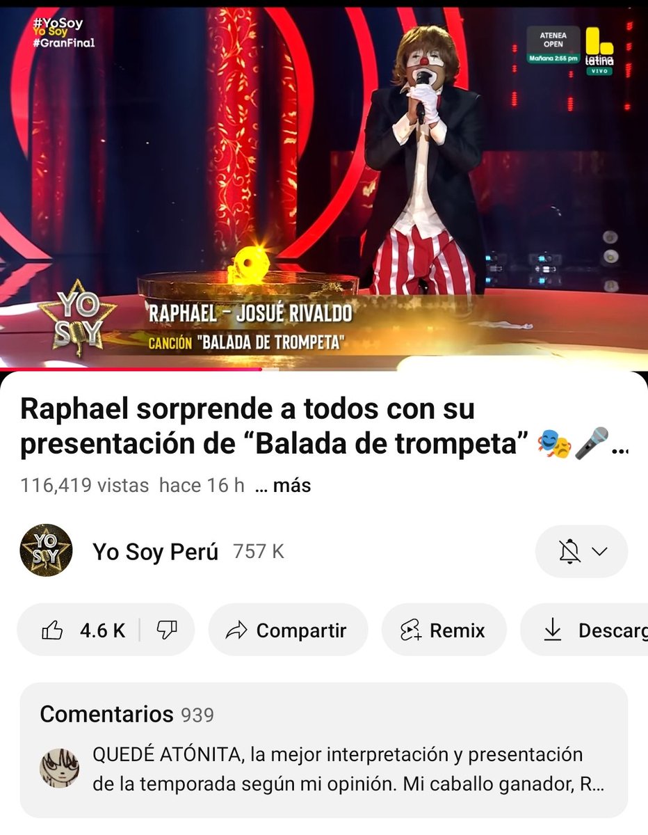 El vídeo de Raphael con la canción "BALADA DE TROMPETA" tiene 116 mil visualizaciones y 4.6 mil like en Youtube #yosoy #yosoy2025