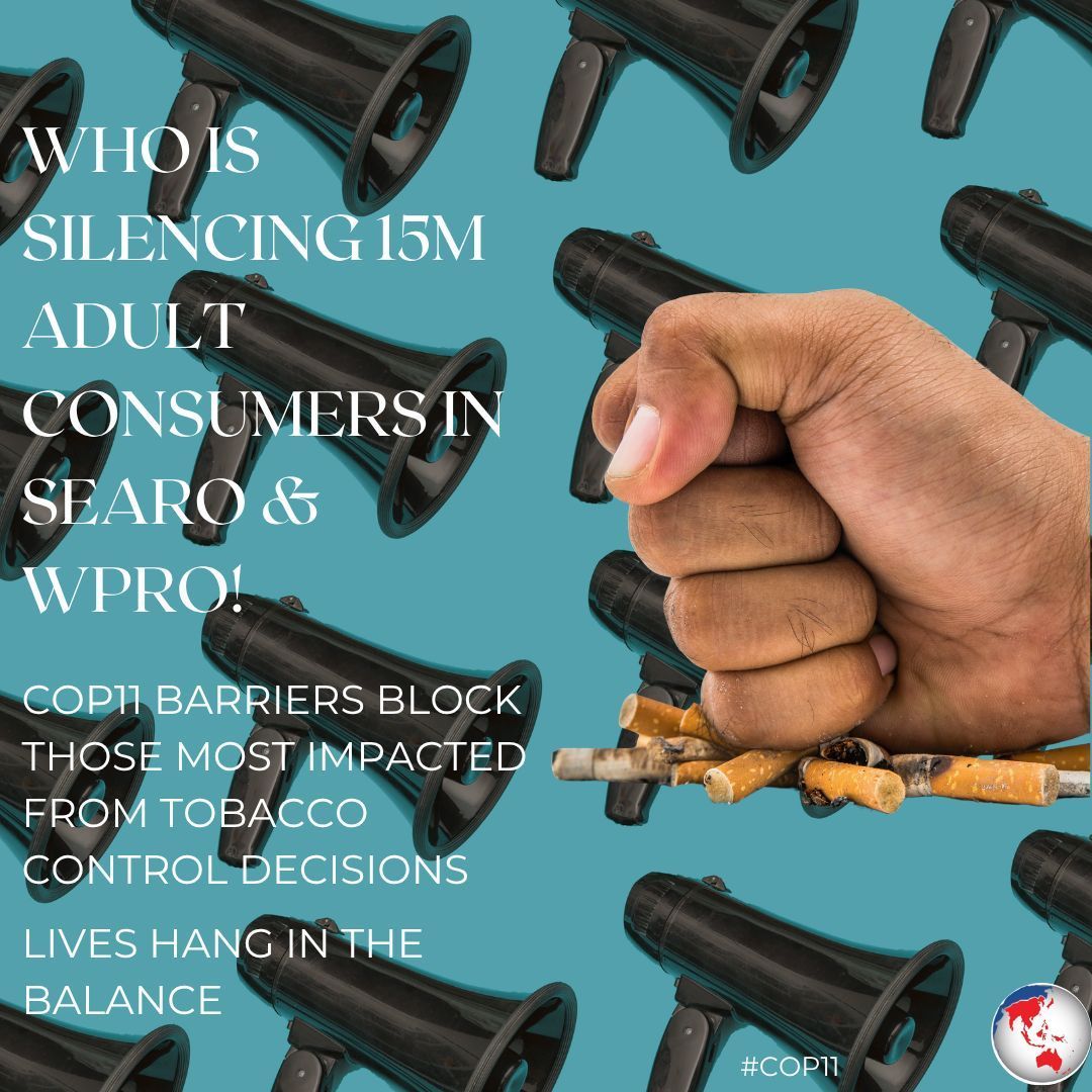 caphraorg's tweet photo. 🚨 WHO is silencing 15M adult consumers in #SEARO &amp; #WPRO.  
COP11 barriers block those most impacted from tobacco control decisions. Lives hang in the balance. https://t.co/Mx7u7VoVin  #THR #COP11 #HumanRights https://t.co/7Xo8CBuEHb