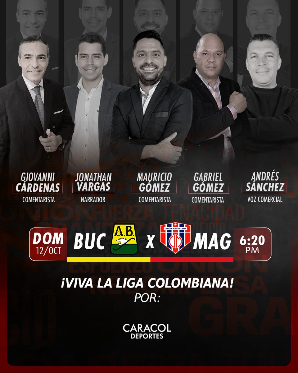 🇨🇴⚽️Atlético Bucaramanga defenderá la cima de la Liga Colombiana ante Unión Magdalena

📻 ¡Viva las emociones con el equipo de Caracol Deportes!

Narrador: 
<a href="/Jonavargasva/">jonathan vargas</a> 
 
 Comentan: 
<a href="/elmago_b/">Mauricio Gómez Buriticá</a> 

<a href="/luisgcocogomez/">EL COCO GÓMEZ</a> 
 
<a href="/Giocardenase/">Giovanni Cárdenas Eckardt ⚽️🔴</a> 
 
Voz comercial: 
<a href="/MuelonSanchez/">AndreSanchez</a>