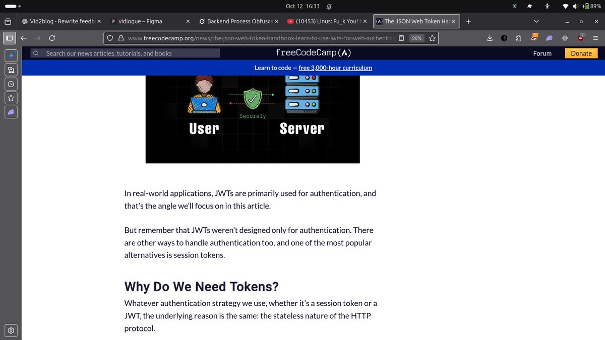 KalDTechTitan's tweet image. Day 78 of my #100DaysOfCode(4):
-Read a freeCodeCamp article on JWT.
-My understanding of JWT is so much clearer now.
-Especially the refresh token concept that usually baffled me.