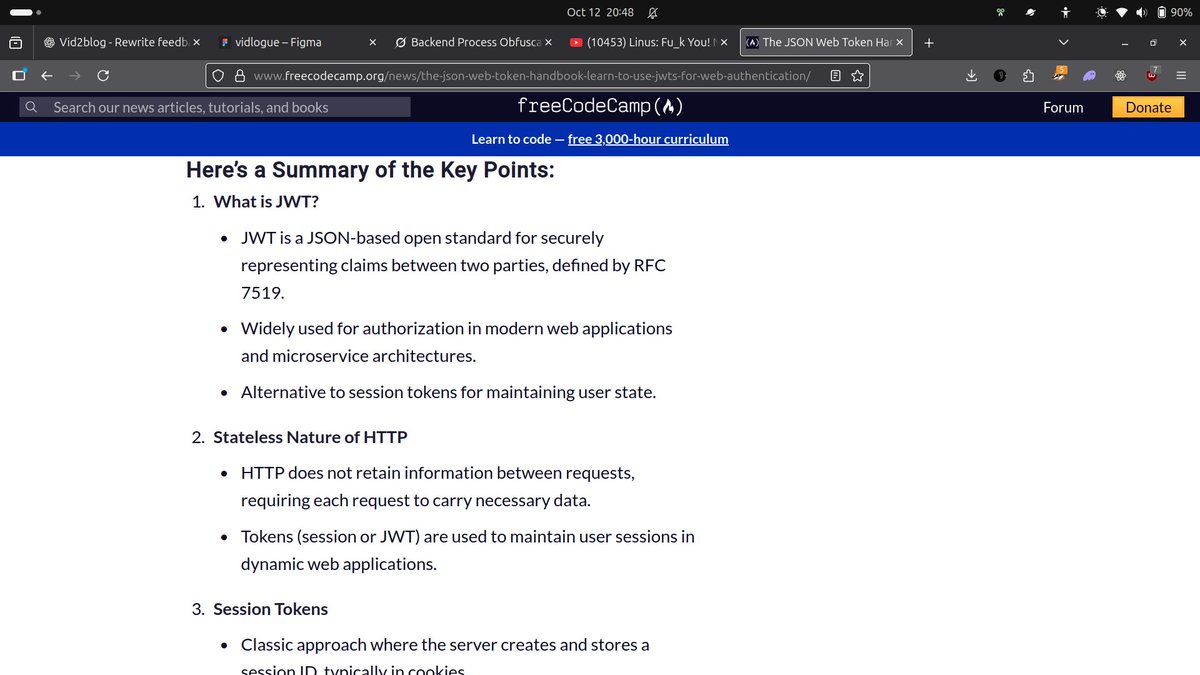 KalDTechTitan's tweet image. Day 78 of my #100DaysOfCode(4):
-Read a freeCodeCamp article on JWT.
-My understanding of JWT is so much clearer now.
-Especially the refresh token concept that usually baffled me.