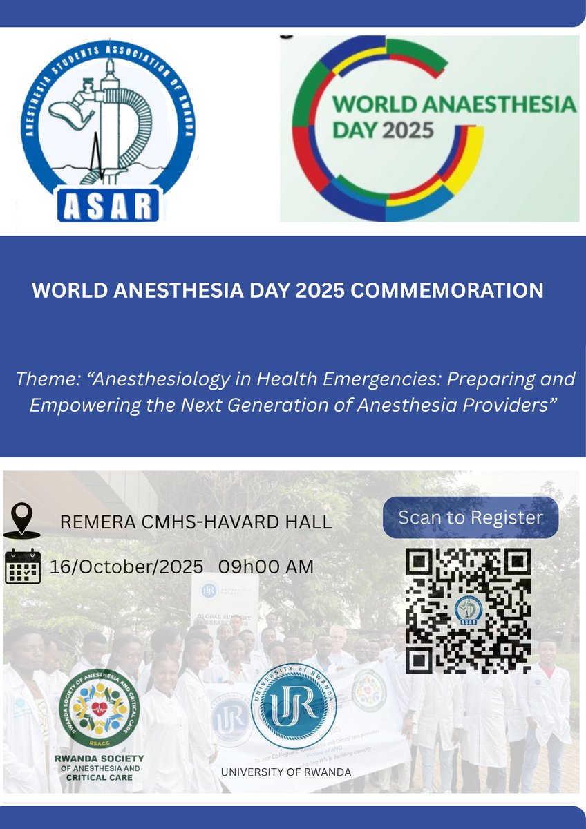 Under the theme “Anesthesiology in Health Emergencies: Preparing and Empowering the Next Generation of Anesthesia Providers”,  Join us as we celebrate, learn, and inspire the future of safe anesthesia in Rwanda and beyond. 🇷🇼📷 #WAD2025 #ASAR #SafeAnesthesia #NextGenProviders