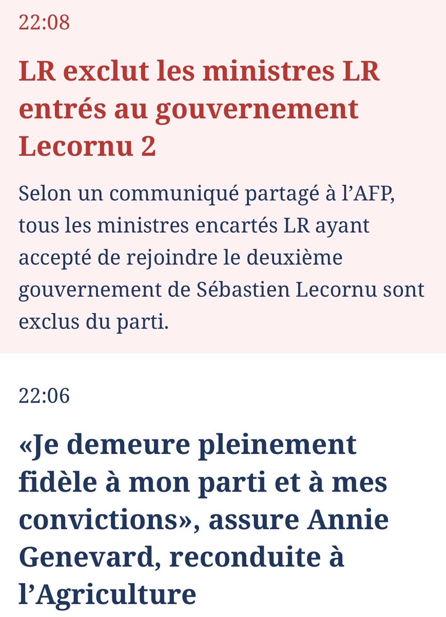 Donc <a href="/AnnieGenevard/">Annie Genevard</a> Présidente de la Commission nationale d’investiture des <a href="/lesRepublicains/">les Républicains</a> est exclue ce soir de son propre parti ! Ambiance.