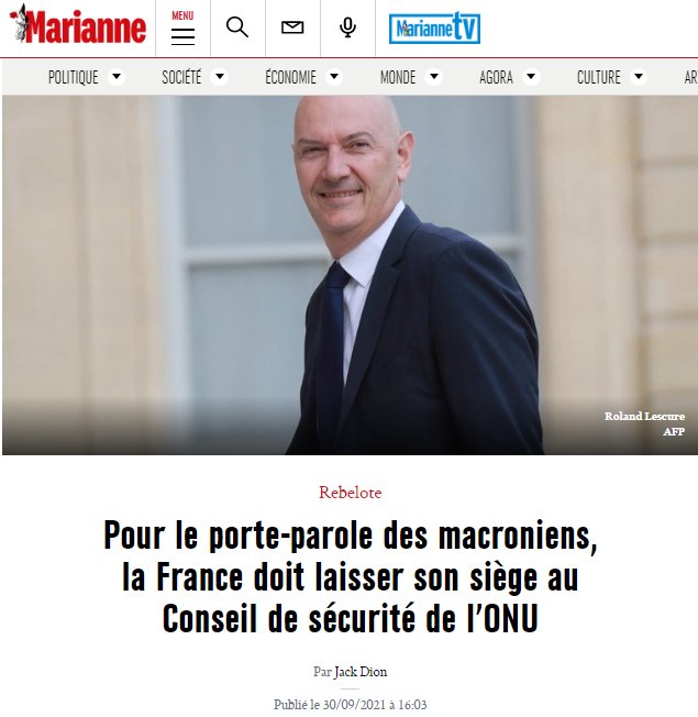 🔴 <a href="/RolandLescure/">Roland Lescure</a>, nouveau ministre de l'Économie, veut la fin du siège de la France au conseil de sécurité de l'ONU. Sa nomination est une insulte à l'œuvre du Général de Gaulle et de la France pour être parmi les vainqueurs de la Seconde Guerre mondiale et les grandes