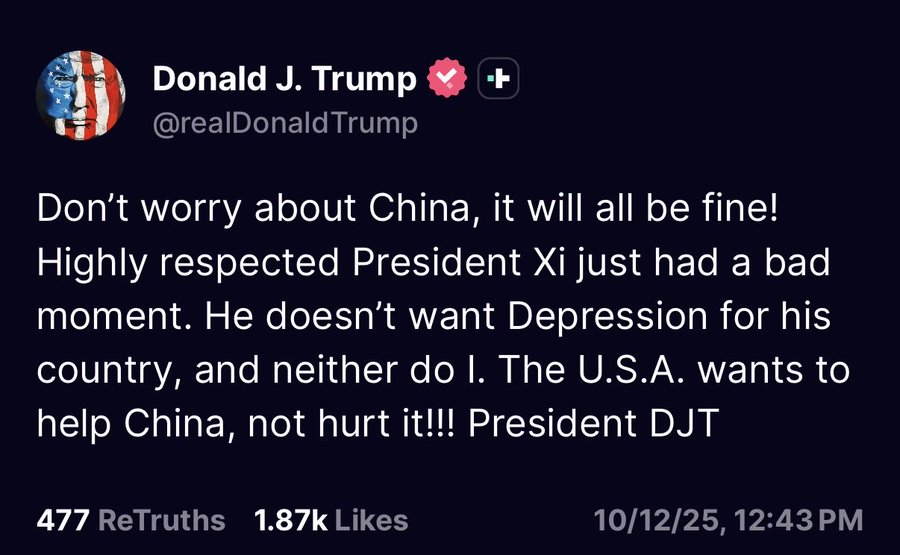 First the 100% tariff post to spook the markets, and then this.

Anyone getting sick of this president yet?😒