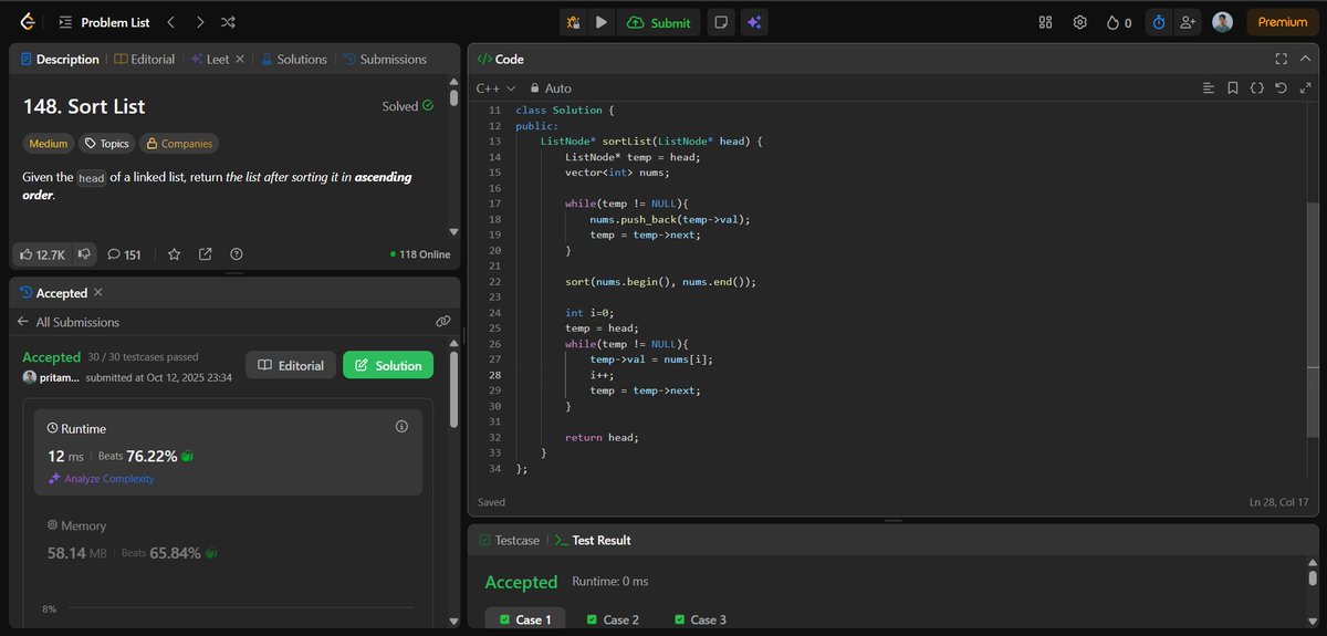 pritam_mandal77's tweet image. 🗓️ Day 73 of #100DaysOfDSA

Solved LC 148 – Sort List
▪️Brute Force: O(n + n log n) time &amp;amp; O(n) space
▪️Optimized : firstly Split at middle, recursively sort &amp;amp; merge

A great exercise in recursion &amp;amp; linked list manipulations!

#DSA #LinkedList #LeetCode #ProblemSolving #Learning