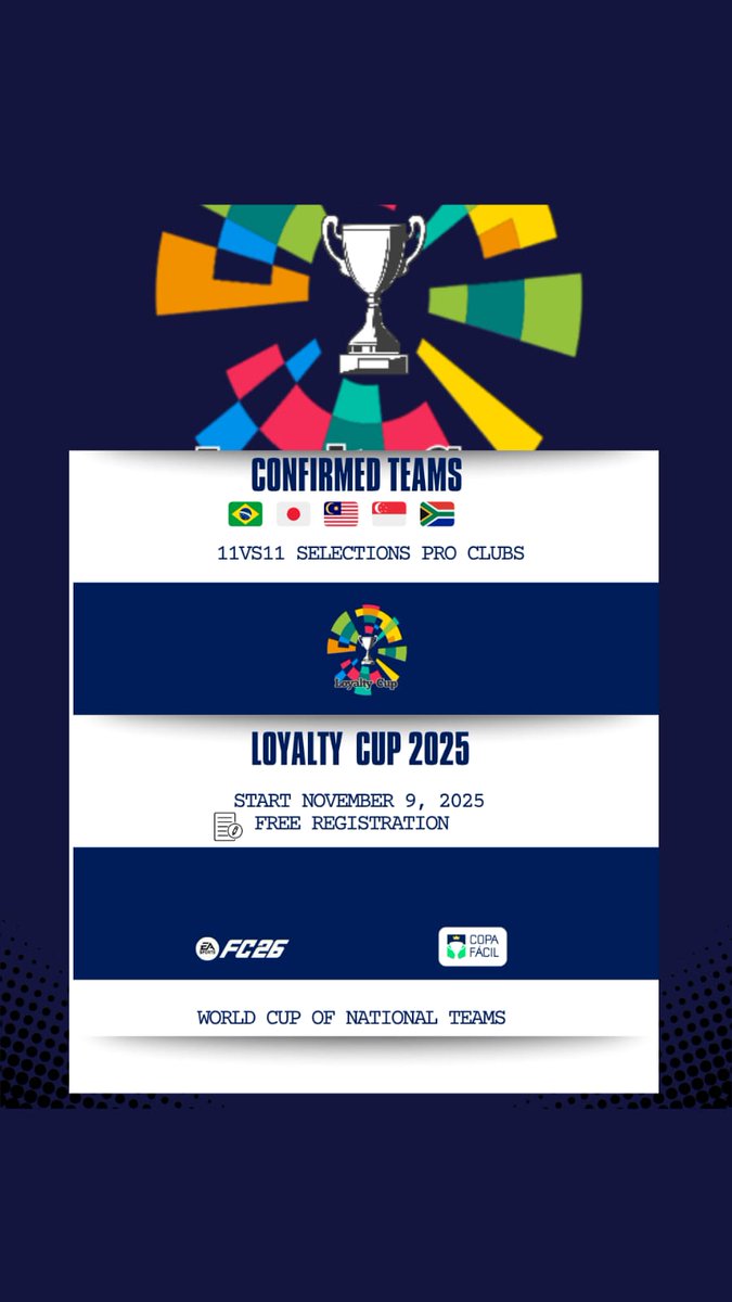 LFA_I_I's tweet image. ⚽WORLD Loyalty Cup⚽

🗺️Current list of participating countries🗺️
🇯🇵🇲🇾🇧🇳🇨🇳🇸🇬
🇲🇽🇨🇴🇧🇷🇿🇦🇪🇦🇪🇦

✅Please check the fixed post

🏟Free entry fee

🔽Link
🔗linktr.ee/LFA_I_I

#FC26 #EAFC #ProClubs #Asia #Africa #Europe #Oceania #SouthAmerica #NorthAmerica #ESports #Clubs #11vs11