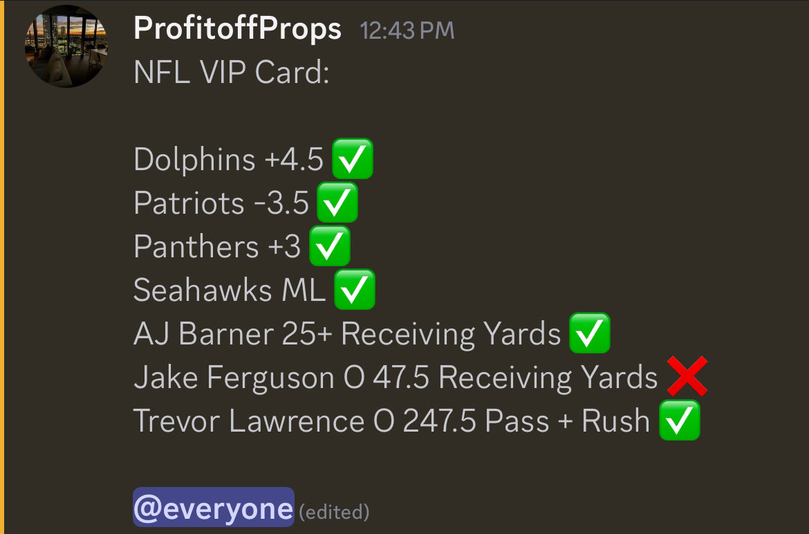 ProfitOffProps's tweet image. $20 TO A FOLLOWER WHO LIKES RN 💰

NFL VIP Recap: 

Dolphins +4.5 ✅
Patriots -3.5 ✅
Panthers +3 ✅
Seahawks ML ✅
AJ Barner 25+ Receiving Yards ✅
Trevor Lawrence O 247.5 Pass + Rush ✅
Jake Ferguson O 47.5 Receiving Yards ❌

Free Discord: discord.gg/kkxskPvdnn

FREE VIP…