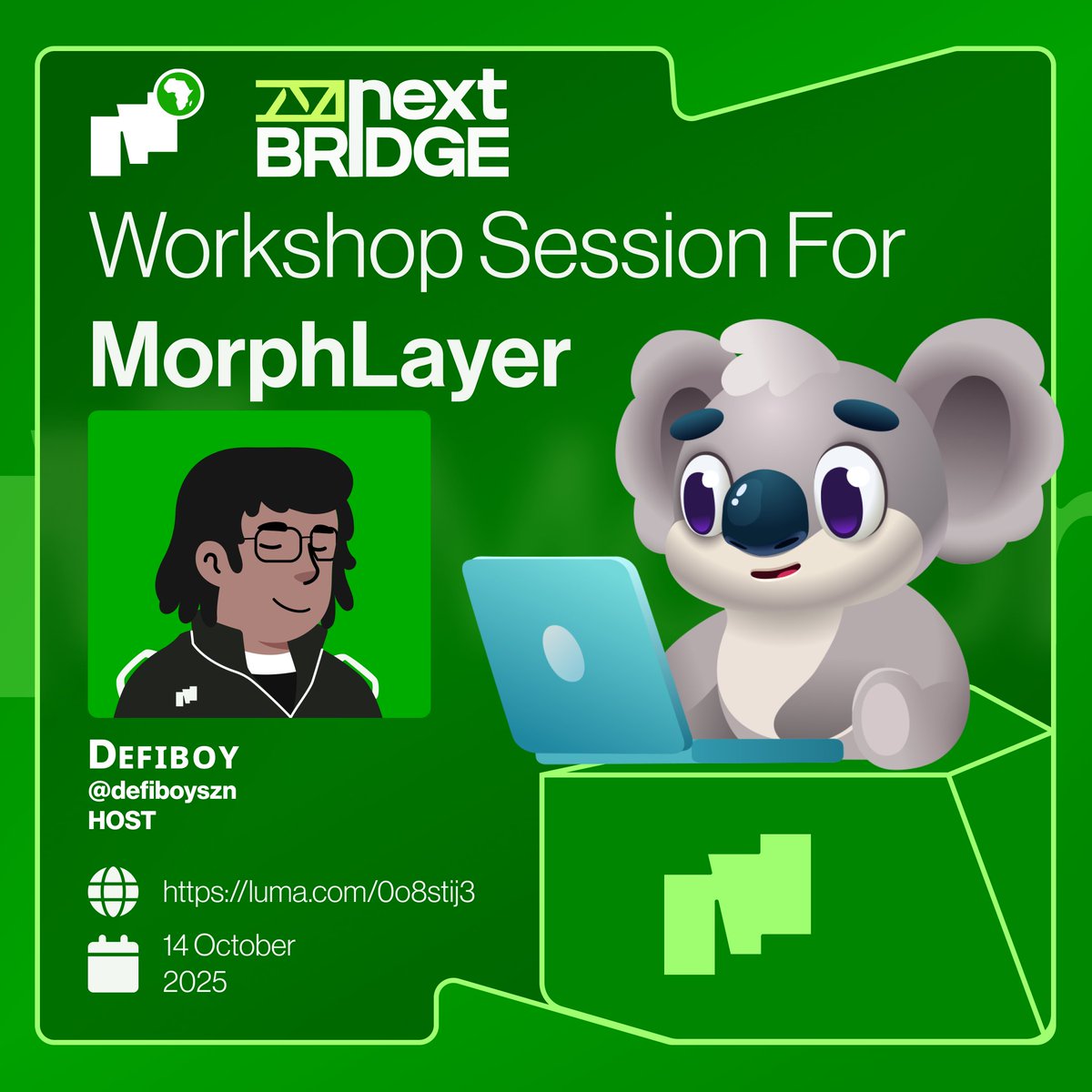 We are hosting a developer workshop in partnership with <a href="/nextbridge_afr/">Nextbridge Africa</a> to introduce developers to <a href="/MorphLayer/">Morph</a>'s new Testnet, "Morph Hoodi."

Are you a developer looking to start building on <a href="/MorphLayer/">Morph</a>?

Don't miss this!

Register here:
luma.com/0o8stij3