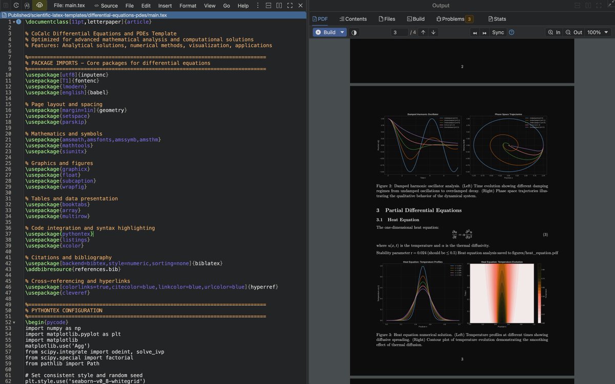 cocalc_com's tweet image. See your PDEs in action! Automated heat diffusion visualizations, wave propagation animations, stability region plots, and error distribution analysis. All generated live within your LaTeX document.
View PDF: cocalc.com/share/public_p…
#Visualization #PDEs #LaTeX