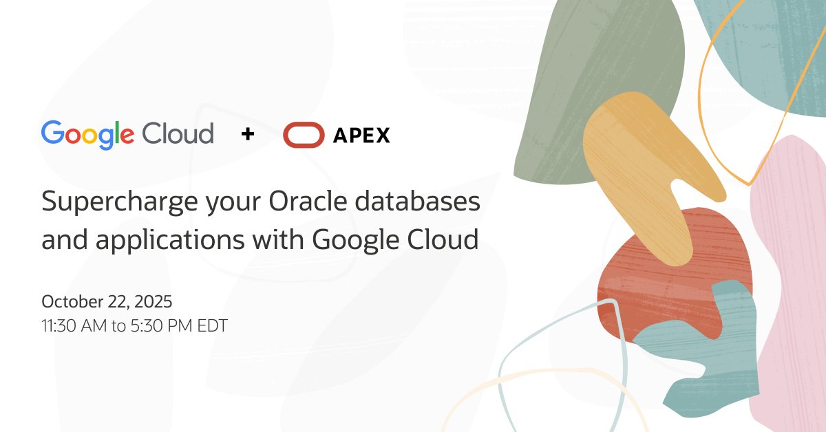 OracleAPEX's tweet image. 📣 Join us at our in-person “Supercharge your Oracle databases and applications with Google Cloud” event to learn how you can power your Oracle workloads with higher performance, scalability, and built-in AI integration.
The session will cover:
✔️ Deploying Oracle Exadata@GCP…