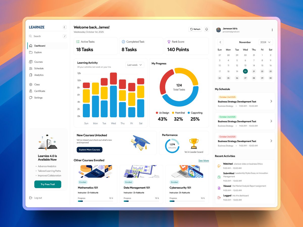 TheRonin001's tweet image. Conceptual Dashboard for learning application
I wanted to try my hands on something different hope it came out well
#dashboards #UXDesign #webApps