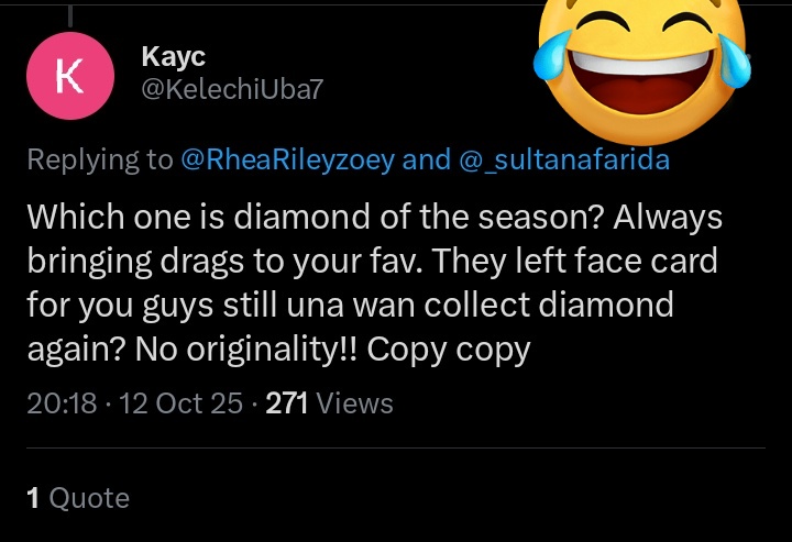 I no know say hype wey I don dey hype  my Queen since yesterday night Dey pain  Dem ooo, Diamond now dem don dey cry😆😆, choke on  it mtf😆😆
I laugh in dvgukighkolkk😆

SULTANA THE BREAKOUT STAR 
UNSTOPPABLE SULTANA 
#SultanaFarida 
#BBNaija