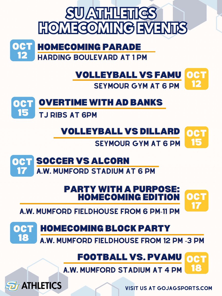 Jaguar Nation, It’s Homecoming Week!
 
Kick off one of the most exciting weeks of the year with today’s events! 

Volleyball Game vs FAMU- Seymour Gym at 6 PM

Bring your school spirit, reconnect with fellow alumni, and cheer on your favorite teams.
 
Check out the full schedule