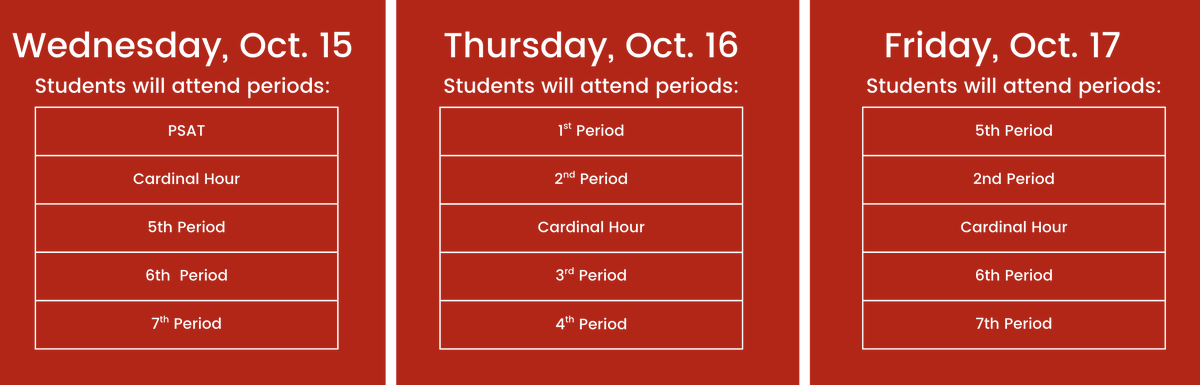 Cardinals, we will be following an altered schedule on Wednesday, Thursday, and Friday this week.  9-11 grade students will take the PSAT test on Wed. and report to their testing room.  All seniors will report to the auditorium.