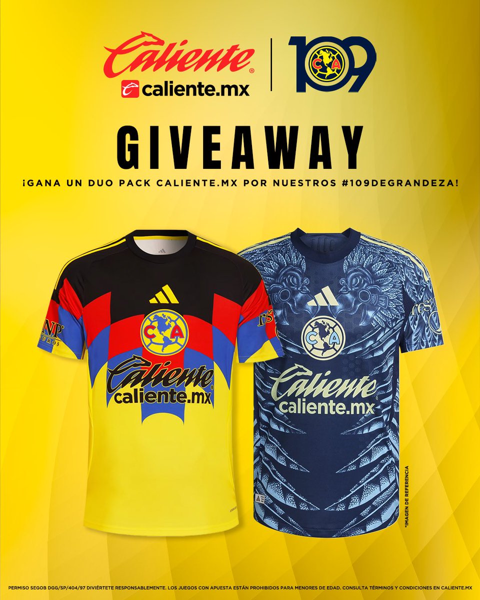 ¡ÁGUILAS! Participen para GANAR un DUO PACK de JERSEYS por nuestro 109 aniversario junto a Caliente.mx 🦅
 
1️⃣ Dale RT y ❤️
2️⃣ Sigue a <a href="/calientesports/">Caliente Sports</a> en TW e IG 📲 instagram.com/caliente_sport…
3️⃣ Etiqueta a un amigo, comenta tu momento favorito en la historia del América