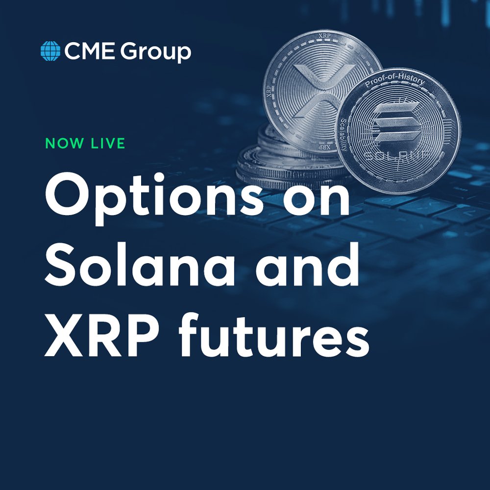 CMEGroup's tweet image. CFTC-regulated options on Solana and XRP are now live and trading today 🚀

✅ Seamless integration: Physically settled into the underlying futures contract.
✅ Flexible exposure: Trade larger and micro sizes.

Explore Crypto options contracts ➡️ spr.ly/6014Aq1f4