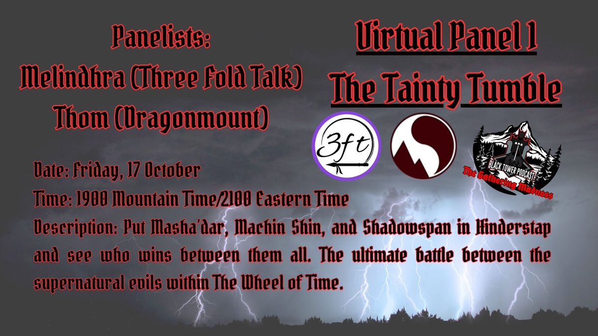 Give it up for our the panelist for #TheGatheringMadness Virtual Panel #1,
Melindhra and Thom!  

You can still get virtual tickets to catch this dynamic duo's assessment of the Tainty Tumble...  blacktowerpod.com/tgm 

#TwitterOfTime
#DragonSworn 
#TheWheelOfTime