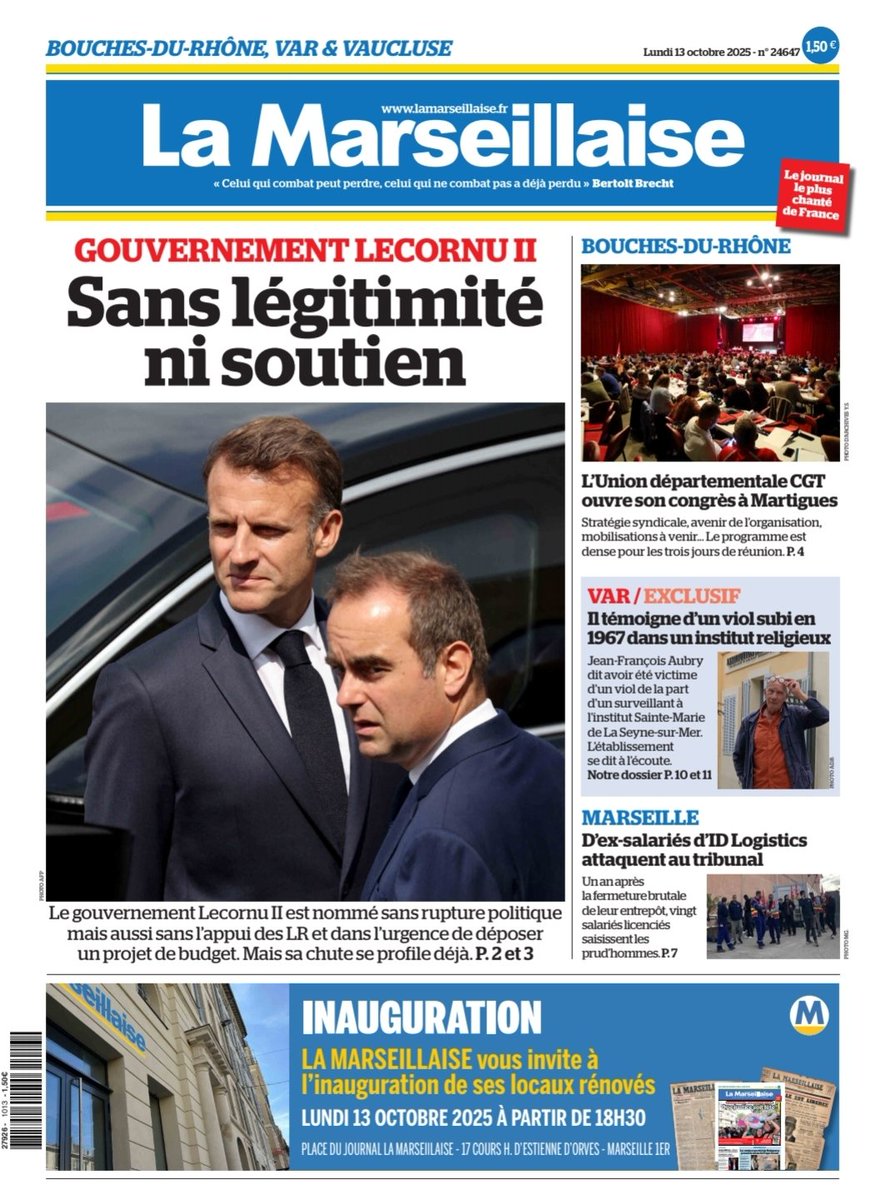 LeoPurguette's tweet photo. #ÀlaUne du 13 octobre 2025 #SebastienLecornu #CrisePolitique #Macron #Gouvernement #CGT #Var #Viols #Maristes #Marseille #IDLogistics #Inauguration
En kiosque et par abonnement sur https://t.co/v33E8KieoH https://t.co/HaV06qSAuN