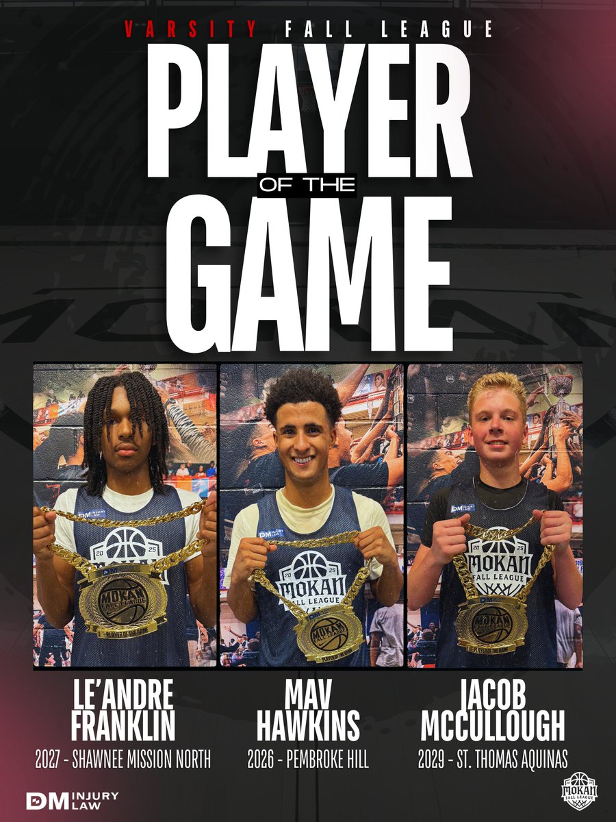 𝐌𝐎𝐊𝐀𝐍 𝐅𝐚𝐥𝐥 𝐋𝐞𝐚𝐠𝐮𝐞 | Varsity 𝙋𝙡𝙖𝙮𝙚𝙧𝙨 𝙤𝙛 𝙩𝙝𝙚 𝙂𝙖𝙢𝙚 | 𝖶𝖾𝖾𝗄 4 - Game 1

Le'Andre Franklin | 2027 | <a href="/SMNBoysBB/">SM North Boys Basketball</a> 
Mav Hawkins | 2026 | <a href="/PHSRaiders/">Pembroke Hill Athletics</a> 
Jacob McCullough | 2029 | <a href="/stasaints_BBB/">Aquinas Boys Basketball</a> 
 
@dminjurylaw