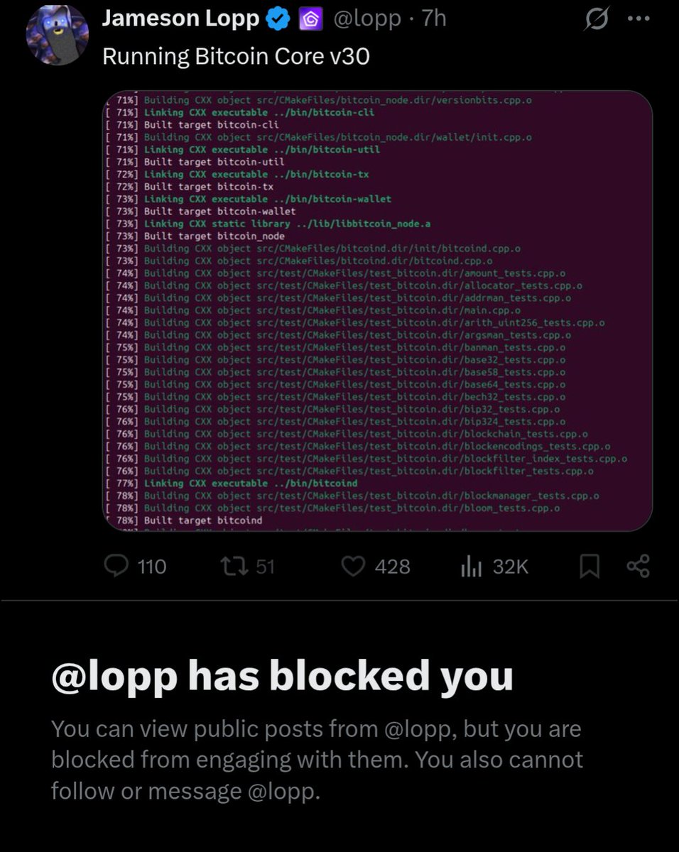 Just got blocked by one of the worst shitcoiners on bitcoin in the space.

Couldn't be more happier with my POW. 

Who else should be the next? 

#RunKnots
#ObliterateCore