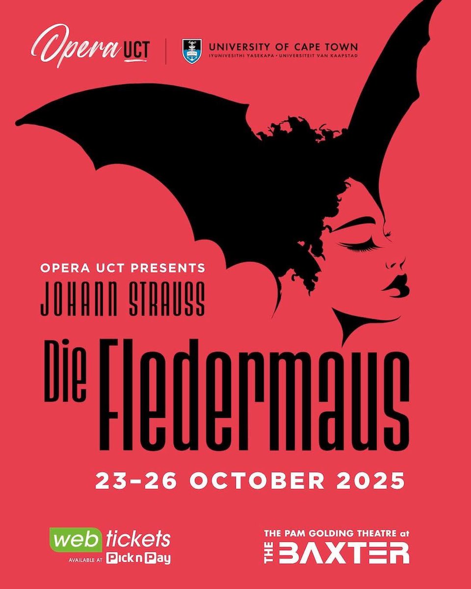 The operatic party of the season is almost here!
Opera UCT presents Die Fledermaus - a sparkling comedy of masks, mischief, &amp; music. 
Baxter Theatre 23–26 Oct, coinciding with World Opera Day &amp; Strauss’s 200th birthday.
Booking: bit.ly/Fledermaus2025

#OperaUCT #DieFledermaus