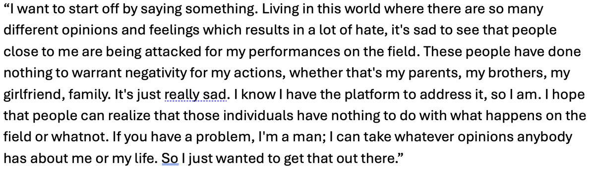 Trey Yesavage opened media availability after being announced as Game 2 starter for the Blue Jays by saying, "it's sad to see that people close to me are being attacked for my performances on the field."

He didn't elaborate on what prompted him to speak out. Full comments below: