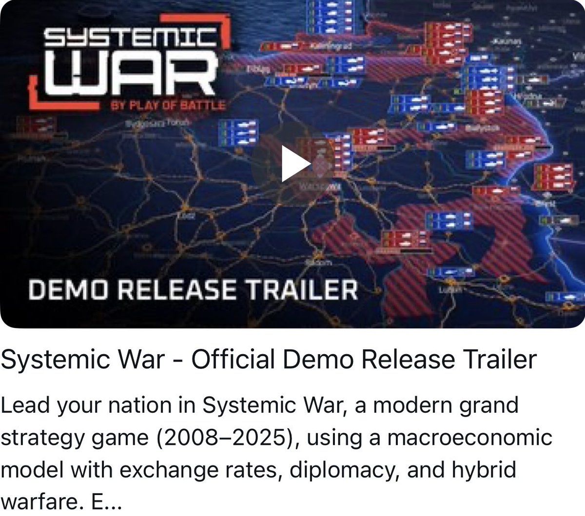 Check out this game – Systemic WAR – where you can defend Warsaw from a modern warfare attack.

Would you?

Demo launches TOMORROW (Monday) at 19:00 CEST on Steam.
Wishlist here:
store.steampowered.com/app/3270430/Sy…