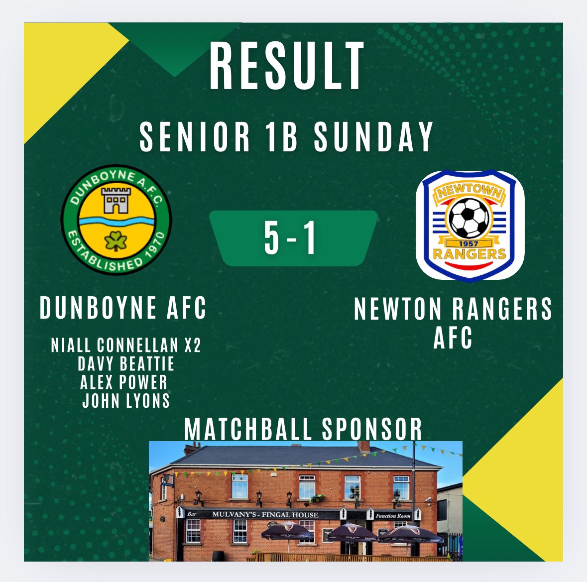 DunboyneAFC's tweet photo. A well earned win for our Sunday squad this morning, a minutes silence was also held for former player John O’Toole today. Also a big thank you to Mulvaneys Fingal House for being our matchball sponsor today 🟢🟡 https://t.co/KBjCS7n7Xs