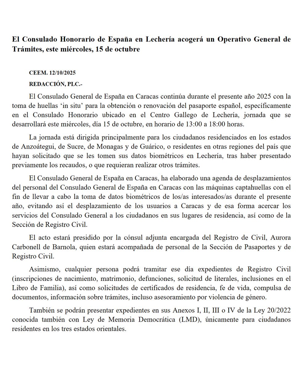 El Consulado Honorario de España en Lechería acogerá un Operativo General de Trámites  
📆 15/10/2025  
⏰13:00 a 18:00 horas.
📍Centro Gallego, Lechería, Municipio Licenciado Diego Bautista Urbaneja, estado Anzoátegui,🇻🇪