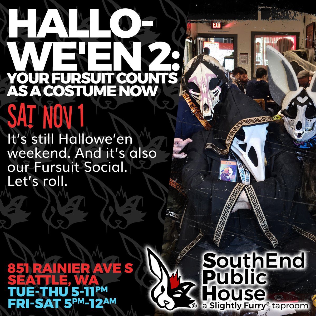 We've got some great nights coming up this month that you WON'T want to miss, including our Hallowe'en WEEKEND!! 💀🎃👻🍬🥂
#SlightlyFurry #SouthEndPublicHouse #SEAPAH #PuppySocial #craftmarket #artmarket #streetfair #halloween #fursuitsocial #Seattle