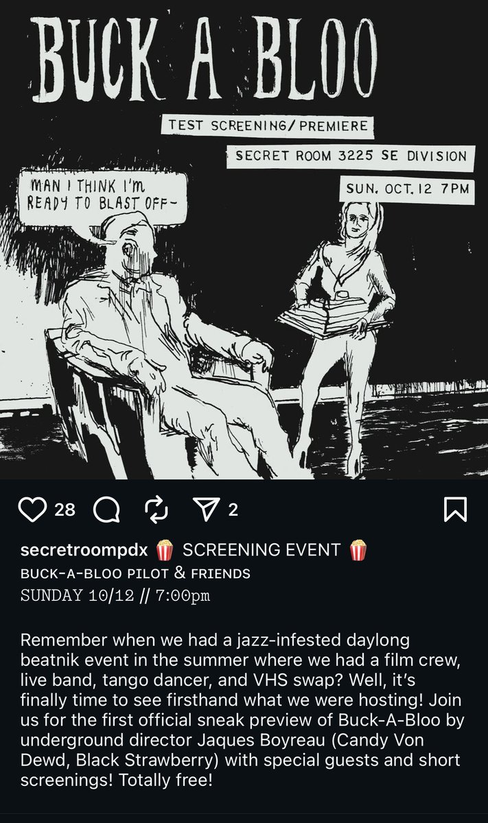 M0NT0NE's tweet photo. Buck A Bloo pilot screening tonight at Secret Room including a segment with me on loops, bass, and dulcimer, Jacques on words, and Luke on boom booms. 7-8:30pm https://t.co/soOELIhu5I