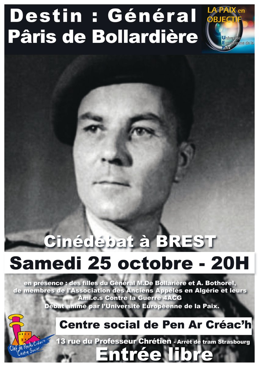 Cinédébat "Destin : Général Pâris De Bollardière samedi 25 octobre 20H entrée libre Centre social Pen Ar Creach 13 rue du Prof Chrétien #brest #nonviolent #guerre #Paix <a href="/redacOFbrest/">Ouest France Brest</a> <a href="/TLGBrest/">Le Télégramme Brest</a> <a href="/icibreizhizel/">ICI Breizh Izel</a> <a href="/CoteBrest/">Côté Brest - actu.fr</a>
