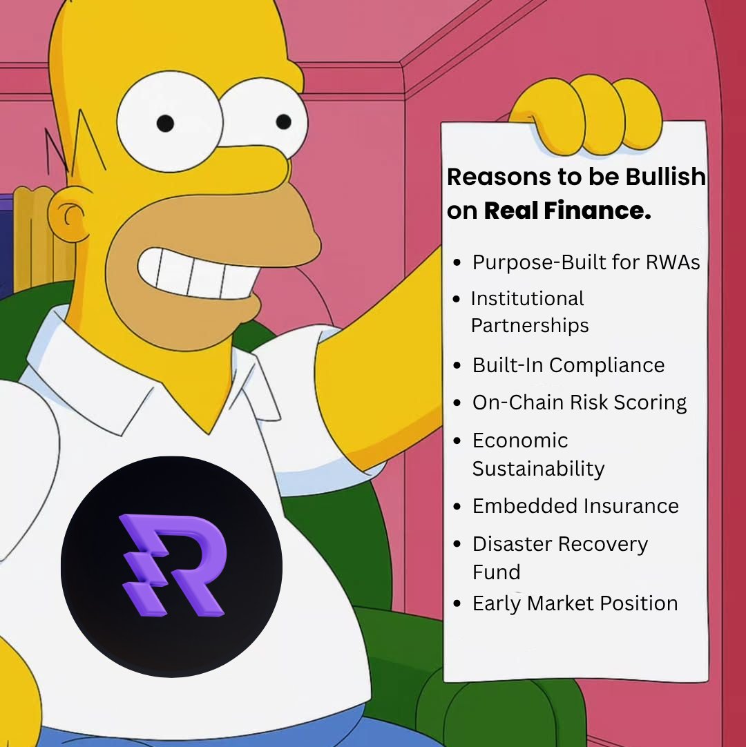 People are sleeping on <a href="/RealFinOfficial/">Real</a> and that’s crazy to me.

REAL is quietly building the backbone of the next financial era.

Think about it....
We’re moving from “imaginary internet money” to tokenized real-world value.

Real estate. Bonds. Commodities. Assets that actually