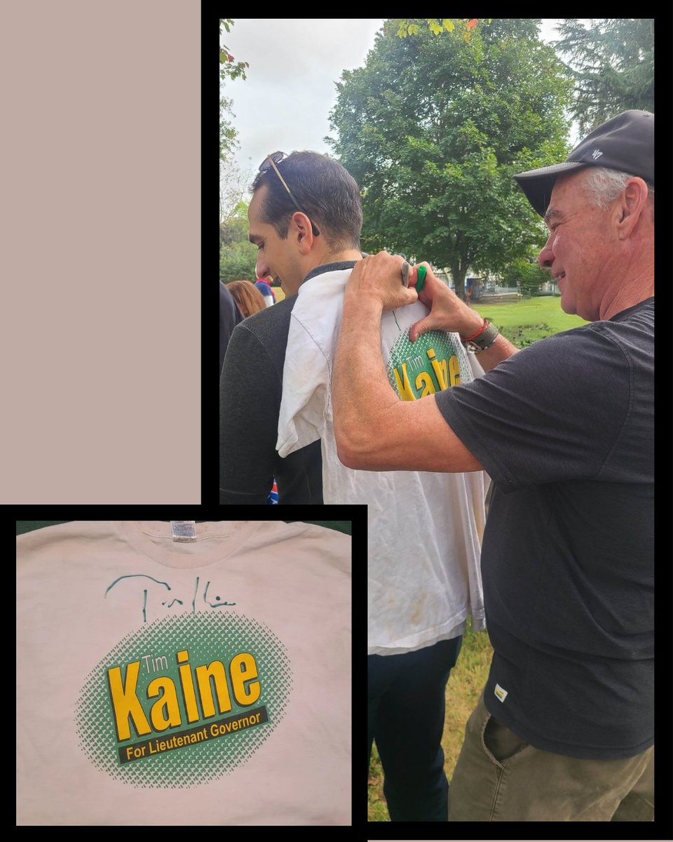 Senator <a href="/timkaine/">Tim Kaine</a> signing my first campaign shirt from his 2001 campaign. In my opinion not enough candidates leaned into that Surge soda aesthetic that was so Y2K trendy.