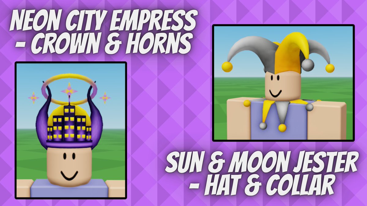 Another batch of random releases this week but this time in sets. The Neon City Empress set featuring a crown &amp; horns as well as the Sun &amp; Moon Jester set featuring a hat &amp; collar. All available for their respective price floors.✨

You can view them here: roblox.com/catalog?Catego…