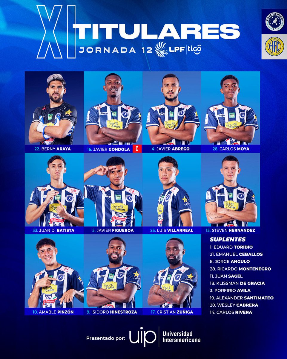 ✍🏻💙𝗘𝗟 𝗢𝗡𝗖𝗘 𝗜𝗡𝗜𝗖𝗜𝗔𝗟!
Así salimos para enfrentar a Herrera FC en la jornada 12 la <a href="/LPFpanama/">LPF TIGO</a> 

 🎥🔴 En vivo por: <a href="/tvmaxdeportes/">TVMAX Deportes</a> 

📲 #SomosVeraguas