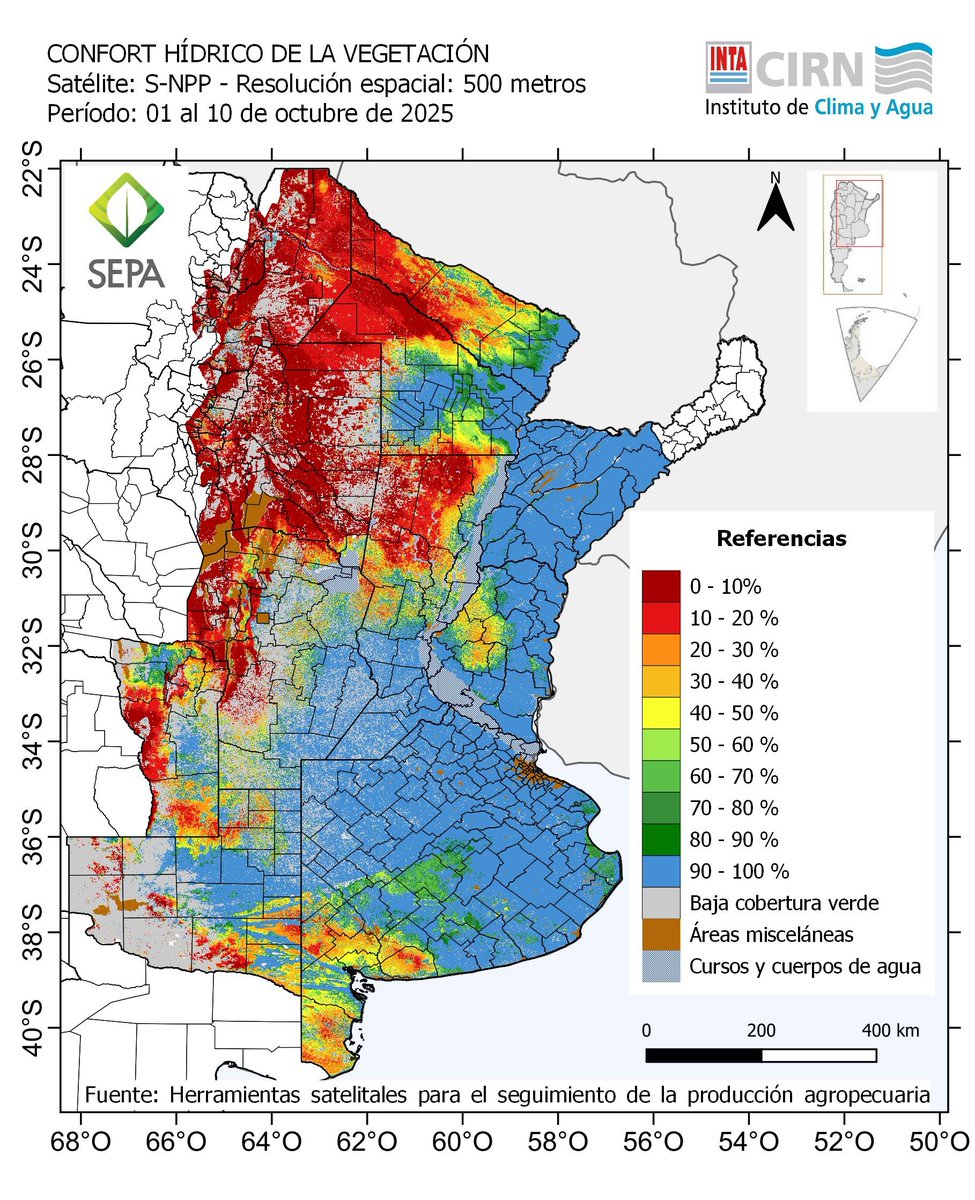 #SEPA <a href="/intaargentina/">INTA</a> 
Hasta 10Oct, década con descarga neta
Gran parte d área agrícola🇦🇷bien d #Agua2m

Donde haya fina, q atraviesa pleno período crítico, habría sido una década con🌞y buen #Confort hídrico💪