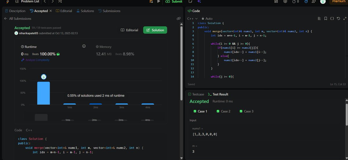 PatelNiharika05's tweet image. 🗓️ Day : 2/100
✅ Solved LeetCode Problem 88 : Merge Sorted Array
#100DaysOfCode #DSA #100DaysOfchallenge
